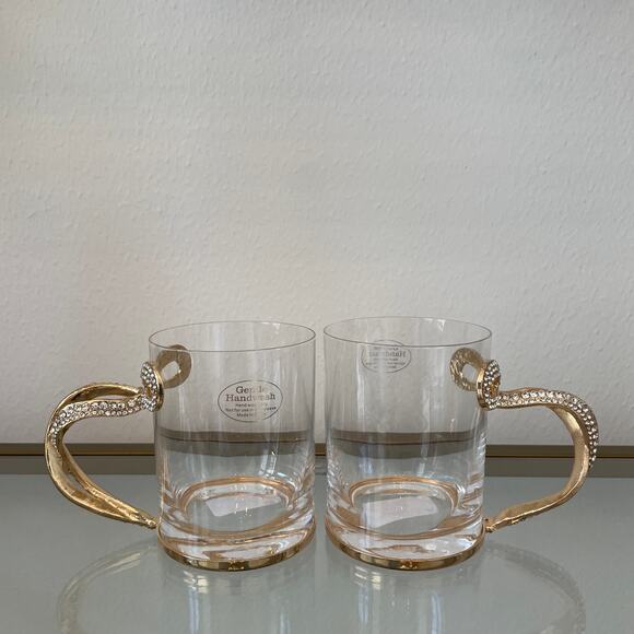 Gold & Rhinestone BOW Handle Glass Mug Coffee Tea Cup Set of 2 Glam Kitchen New - Picture 5 of 16